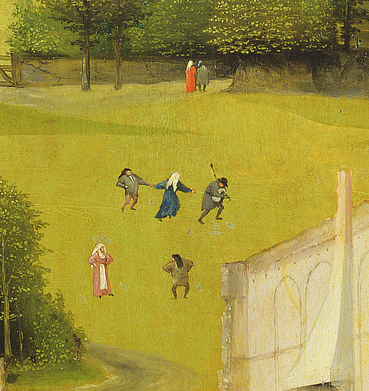 De aanbidding der wijzen, detail van achtergrondfiguren (detail) door Hieronymus Bosch