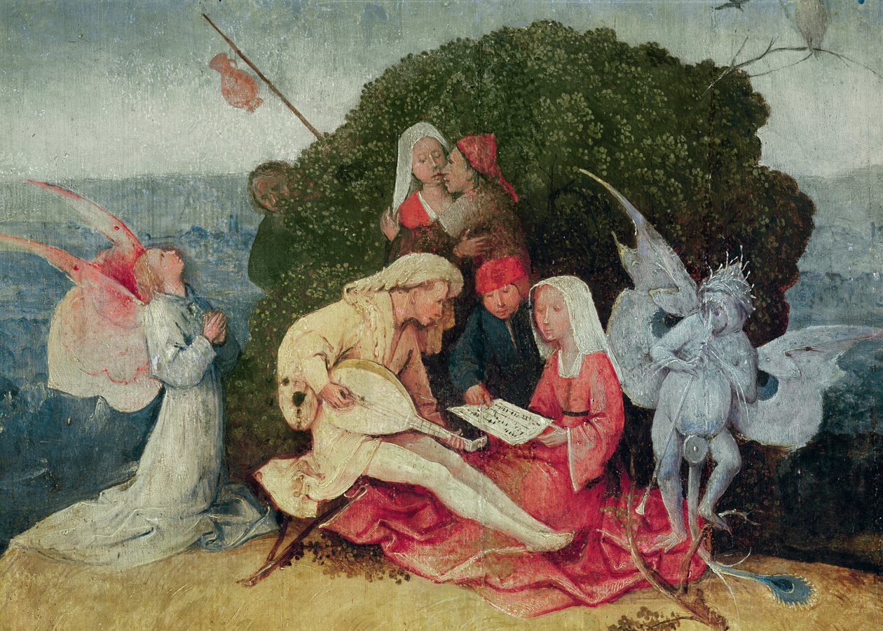 De muzikanten bovenop de wagen, detail van het centrale paneel van De Hooiwagen Drieluik, ca.1515 (detail) door Hieronymus Bosch