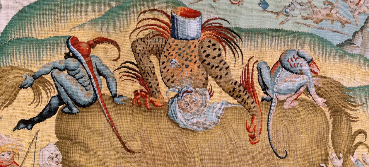 Vlaamse wandtapijt. Serie Vier wandtapijten naar Jheronimus Bosch. Beproevingen van het menselijk leven. Derde wandtapijt in de serie. Model Geïnspireerd door het werk van Jheronimus Bosch. Fabrikant Onbekende werkplaats, Brussel. Voor 1560. door Hieronymus (after) Bosch