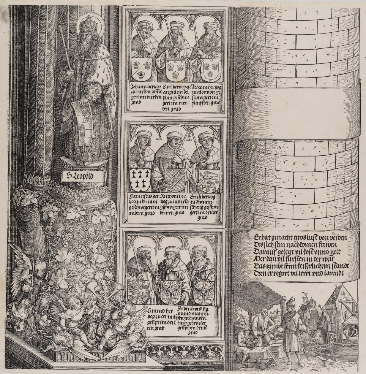 Maximiliaan als architect, met een standbeeld van Sint Leopold en bustes van Maximiliaans voorouders, 1517-1518 door Hieronymus Andreae