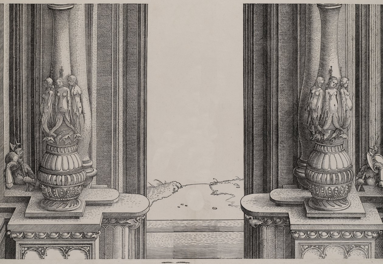 Het middelste gedeelte van de ingang naar het centrale portaal, de kolommen versierd met sirenen, 1515 door Hieronymus Andreae