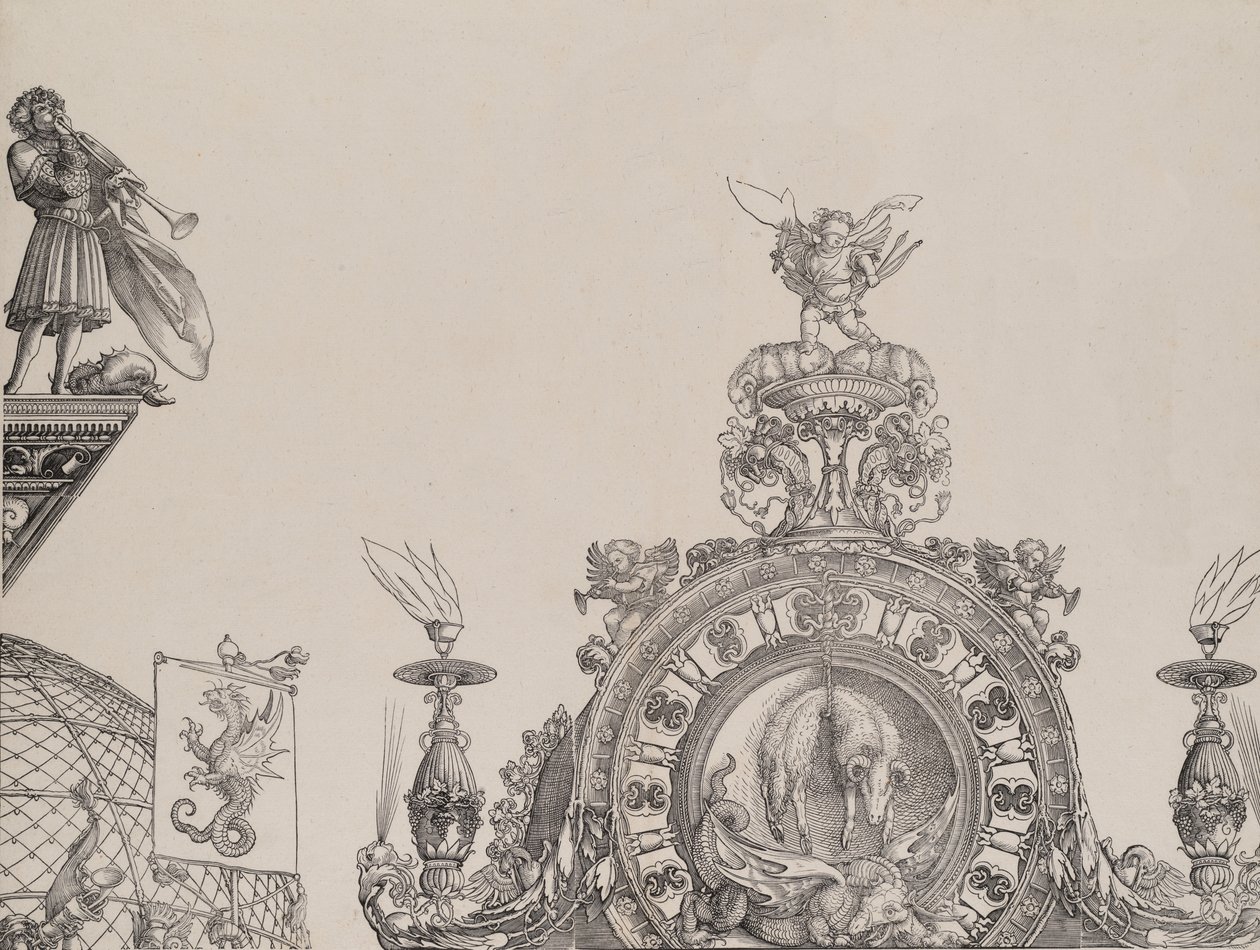 De Pinnacle van de Rechterpoort, en een Trompetter en Standaard van de Centrale Poort, fr..., 1515 door Hieronymus Andreae