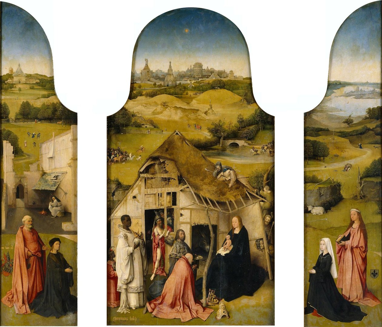 Aanbidding der Koningen, Interieur (Sint Pieter met schenker, Aanbidding der Koningen, Sint Agnes met schenker) door Hieronymus Bosch