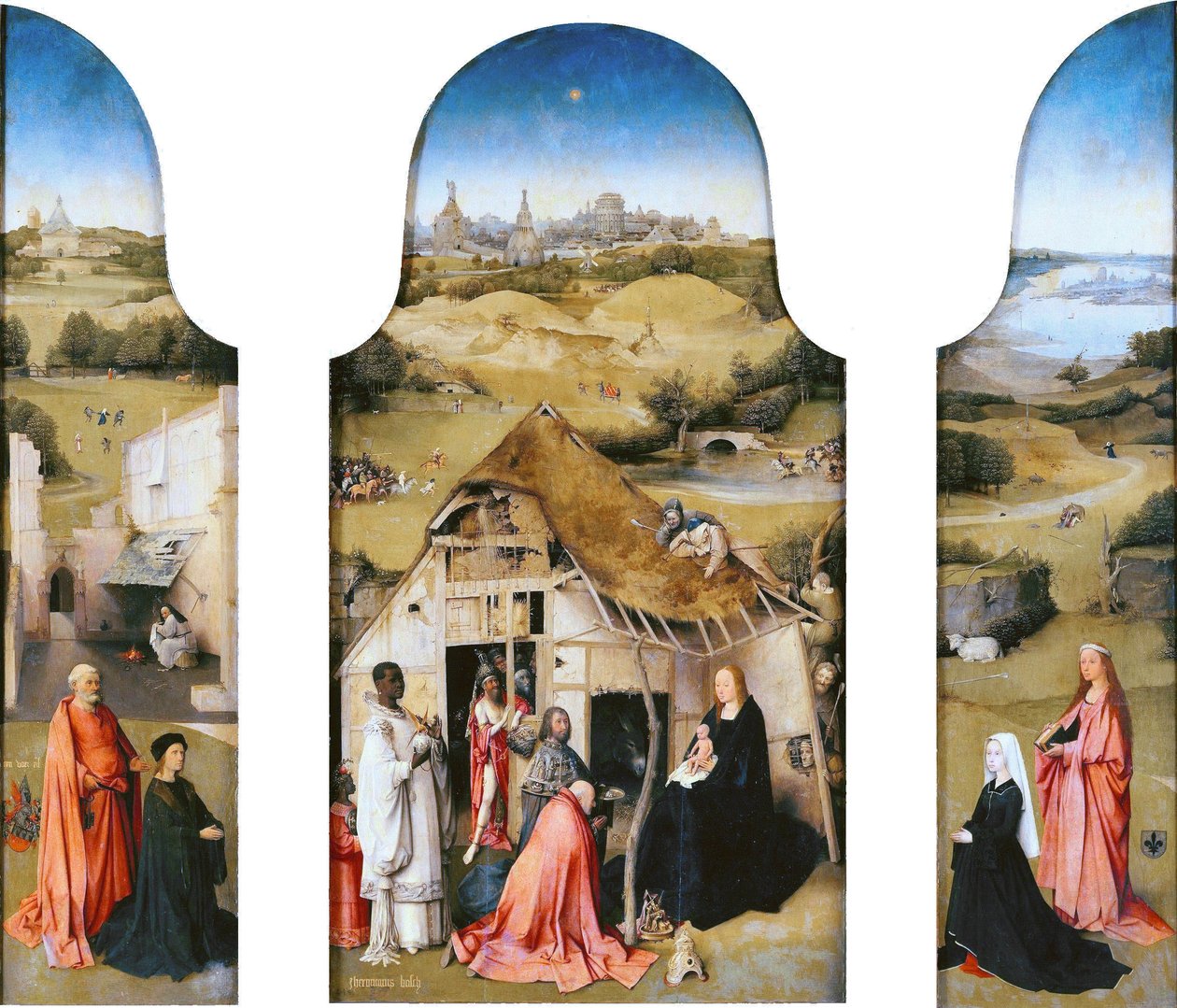 Aanbidding der Koningen, Interieur (Sint Pieter met schenker, Aanbidding der Koningen, Sint Agnes met schenker) door Hieronymus Bosch