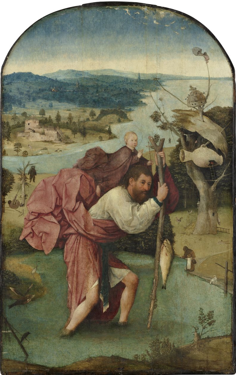 Dutch: De H. Christoforus draagt het Christuskind Saint Christopher Carrying the Christ Child door Hieronymus Bosch