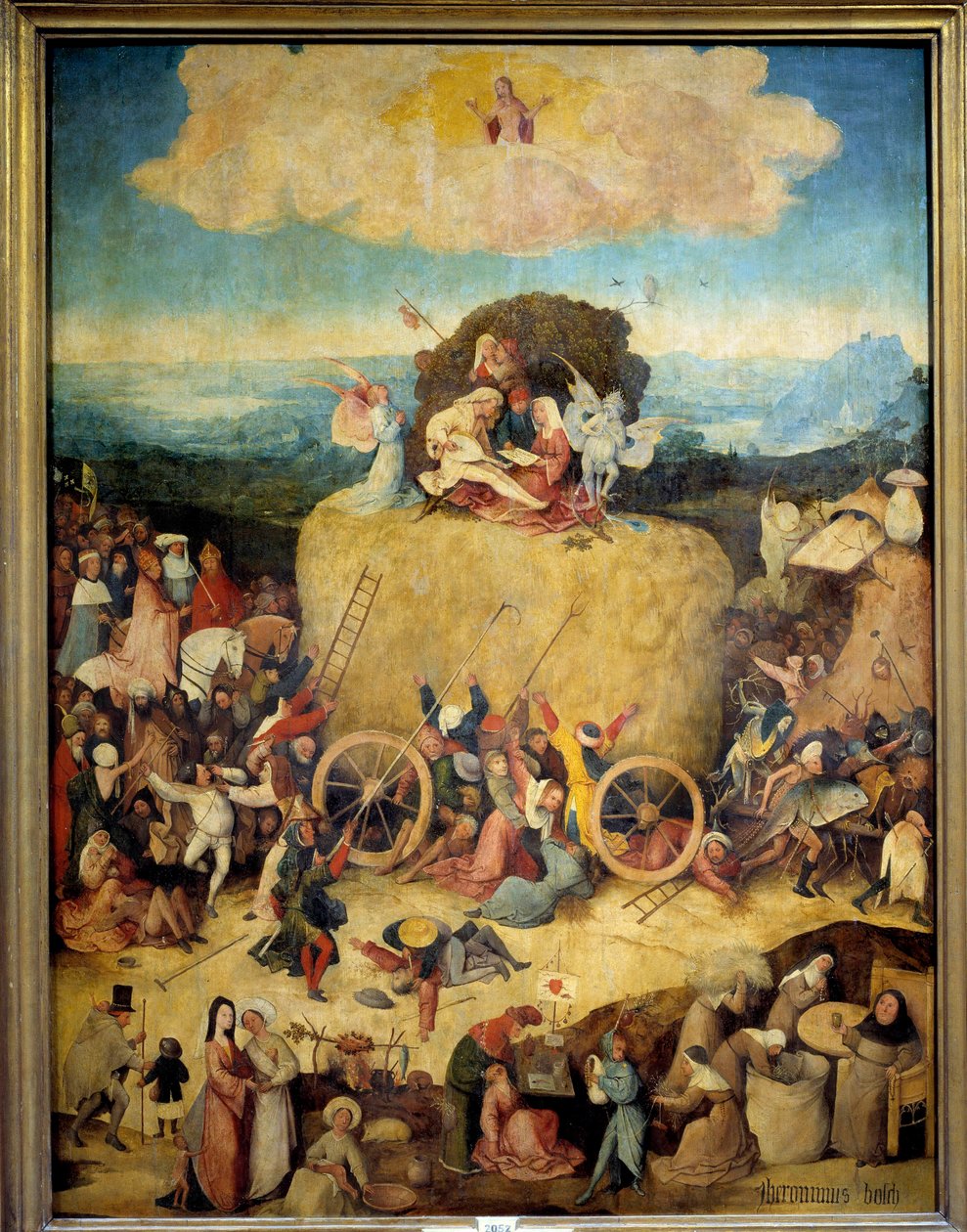 De Allegorie Hooiwagen van mannen en vrouwen die proberen het meeste uit het heden te halen. Centraal paneel van het allegorische drieluik over het Verleden, het heden van Hieronymus Van Aeken (Aken) bekend als Jeroen Bosch (1450-1516), ca. 1490. Madrid, P door Hieronymus Bosch