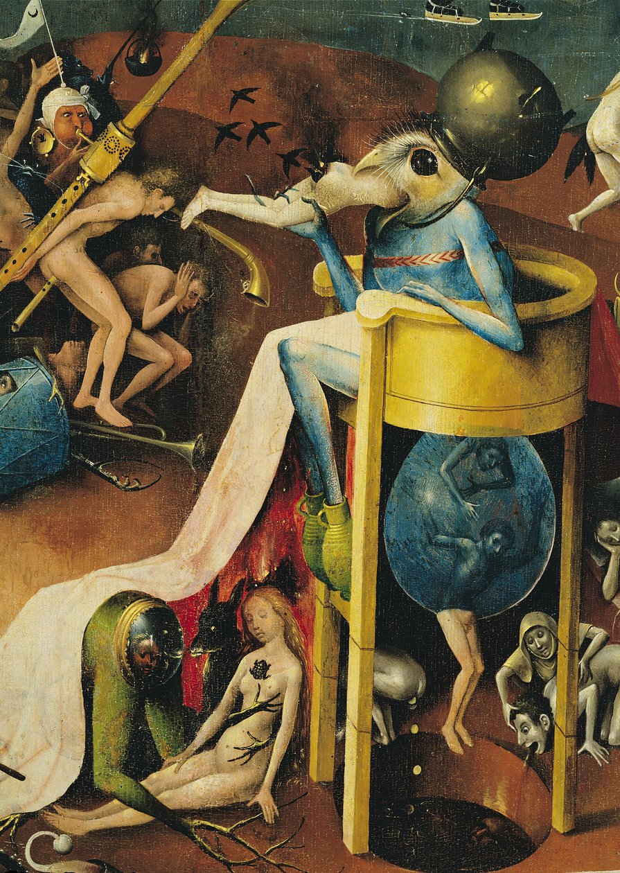De tuin der lusten: Hel, rechtervleugel van drieluik, detail van blauwe vogel-man op een kruk, ca. 1500 (detail) door Hieronymus Bosch