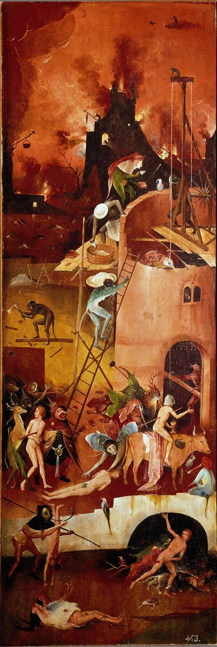 Het hooi drieluik: infernale constructies (rechter binnenpaneel) door Hieronymus Bosch
