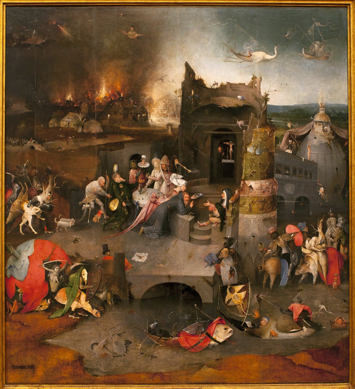 Drieluik van verleidingen - centraal deel: de verleiding van Sint Antonius de Grote (of Sint Antonius de Kluizenaar of Sint Antonius de Abt). Schilderij door Hieronymus Bosch (1450-1516), olieverf op hout, circa 1500 (Drieluik van de verleidingen) door Hieronymus Bosch