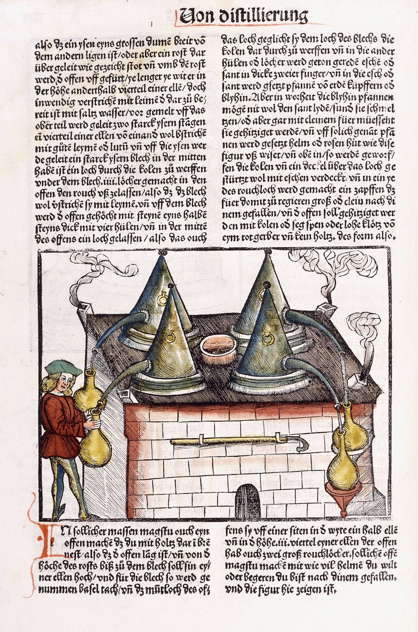Illustratie van een distilleerderij uit de late 15e eeuw om de essentiële oliën van planten te extraheren, 1500 door Hieronymus Brunschwig