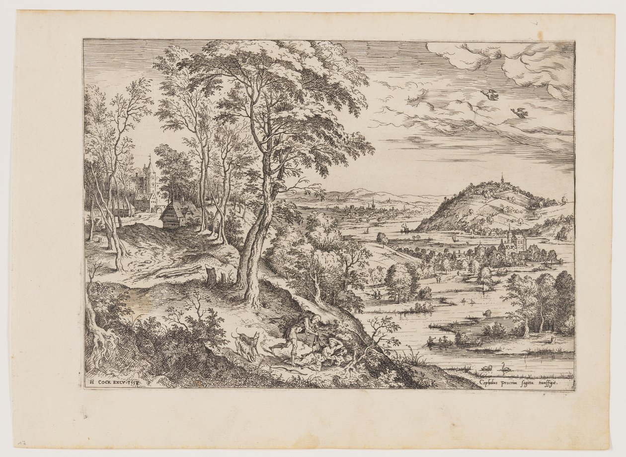 Cephalus en Procris, uit Landschappen met Bijbelse en Mythologische Taferelen door Hieronymus Cock