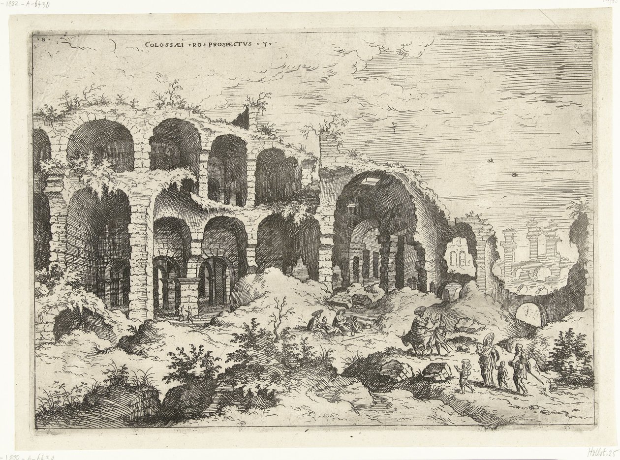 Derde gezicht op het Colosseum te Rome Romeinse ruïnes door Hieronymus Cock