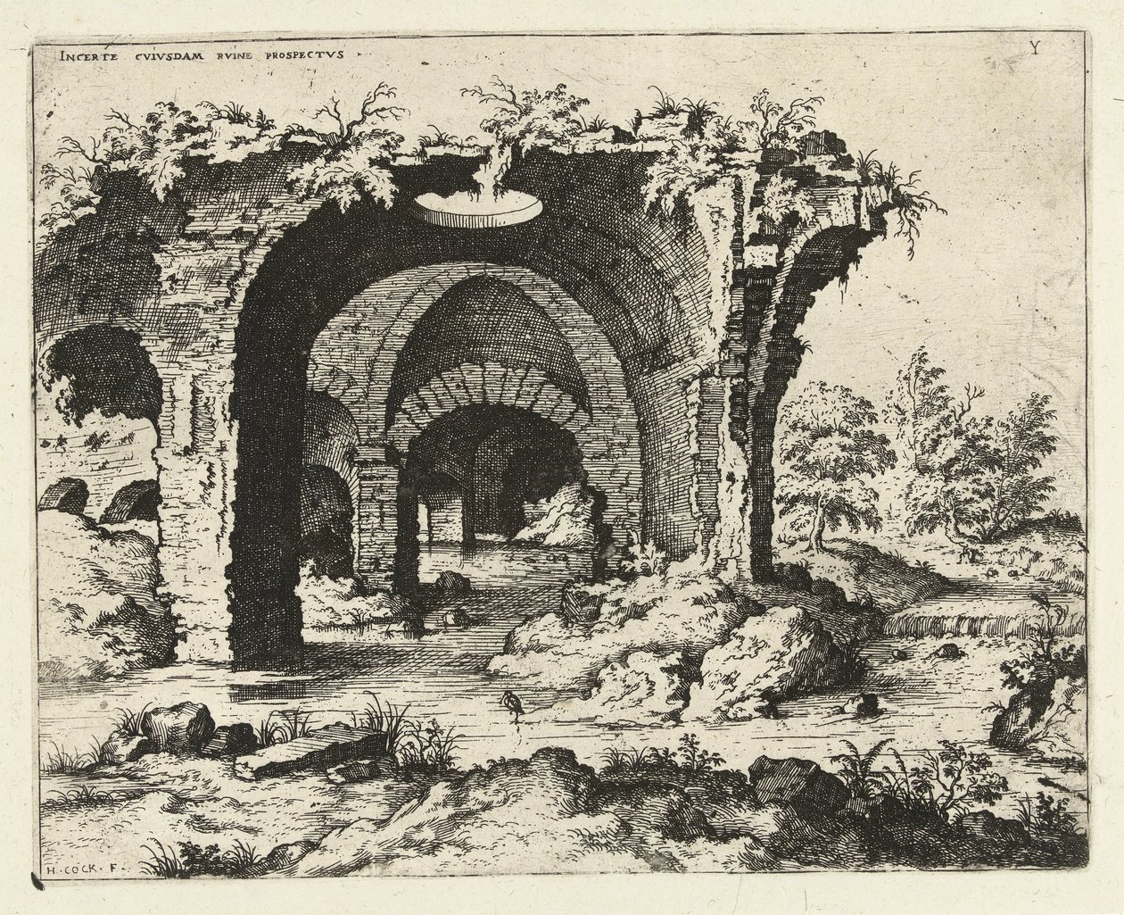 Gezicht op een ruïne te Rome door Hieronymus Cock