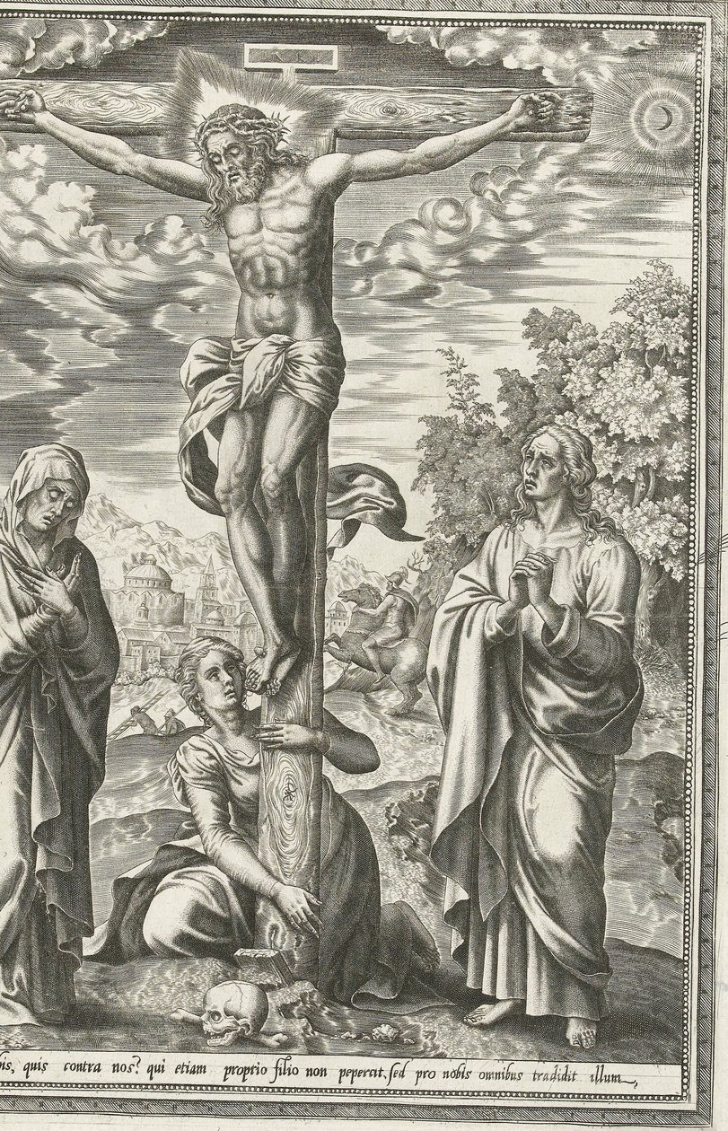 Kruisiging met Maria, Johannes de Doper en Maria Magdalena door Hieronymus Cock