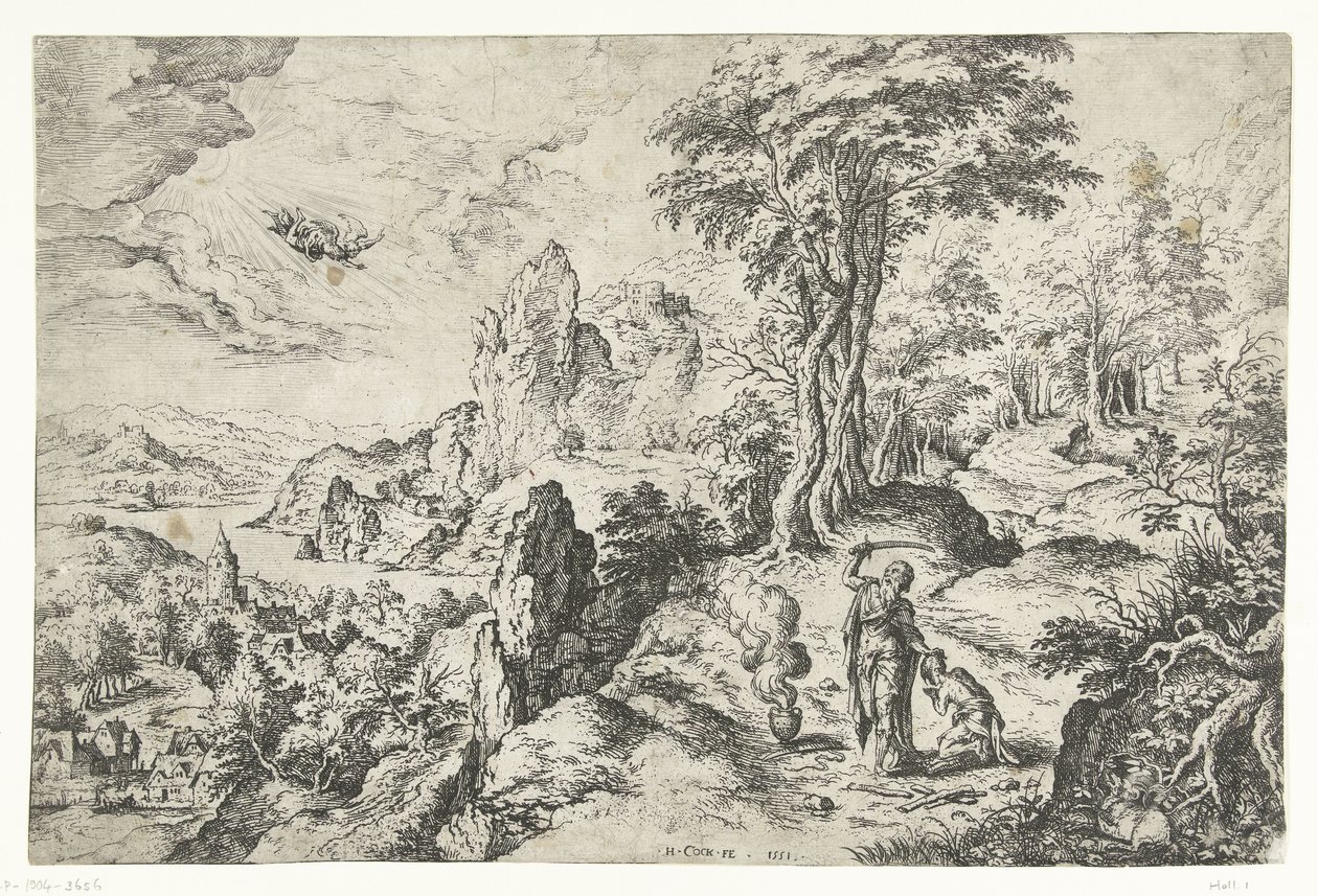 Landschap met het offer van Isaak door Hieronymus Cock