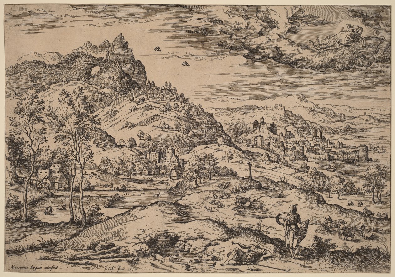 Mercurius met het hoofd van Argus in zijn hand door Hieronymus Cock