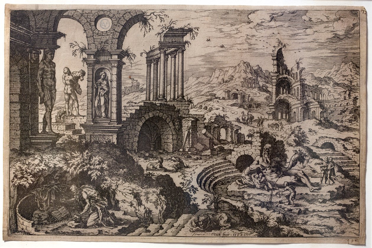 Ruïnelandschap met de boetvaardige heilige Hiëronymus door Hieronymus Cock