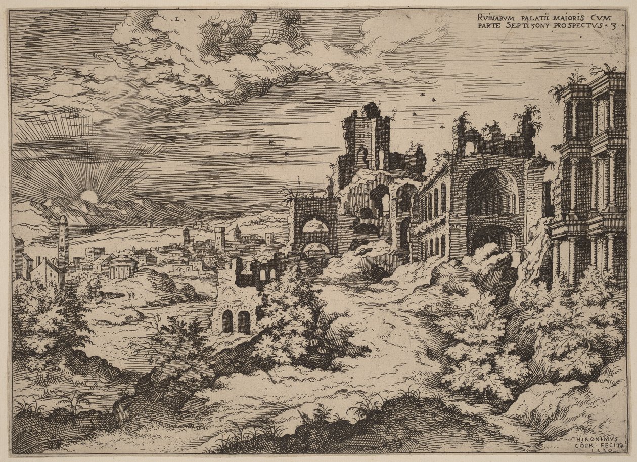 Ruïnes op de Palatijn met een panoramisch uitzicht door Hieronymus Cock