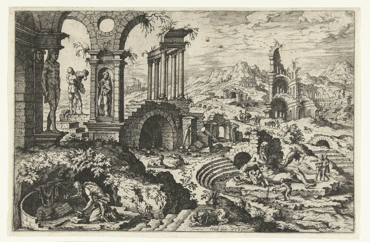 Ruïnelandschap met de boetvaardige Hieronymus door Hieronymus Cock