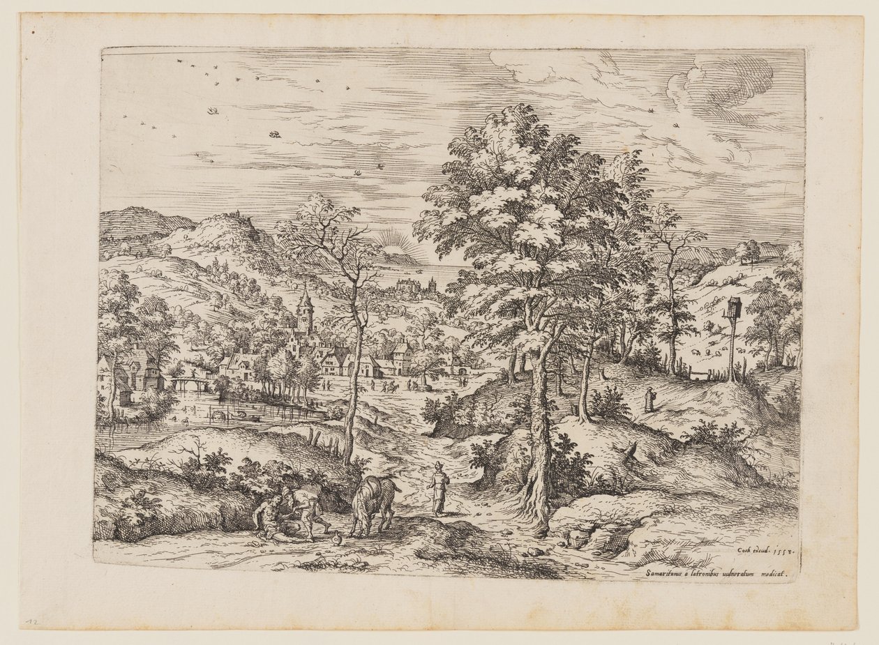 De barmhartige Samaritaan, uit Landschappen met bijbelse en mythologische scènes door Hieronymus Cock
