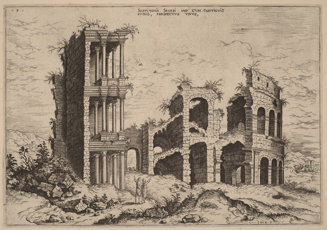 Het Septizonium en het Colosseum door Hieronymus Cock