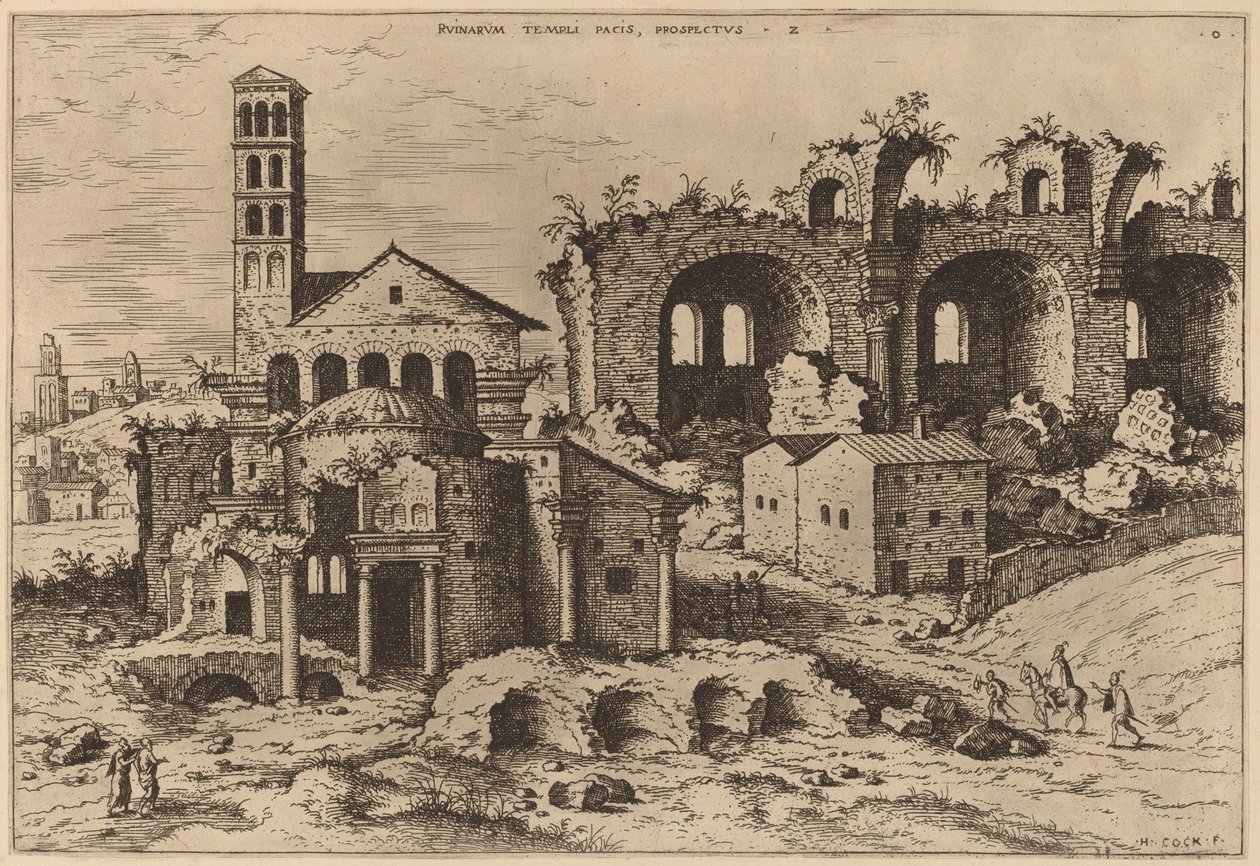 De Tempel van Augustus en Faustina, de Tempel van Divus Romulus, en de Basiliek van Constantijn door Hieronymus Cock
