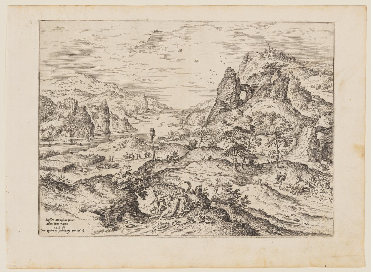 Venus en Adonis, uit Landschappen met Bijbelse en Mythologische Taferelen door Hieronymus Cock