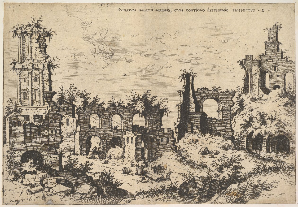 Uitzicht op ruïnes op de Palatijnse Heuvel met trabeate gevel links en arcades in het midden, 1550 door Hieronymus Cock
