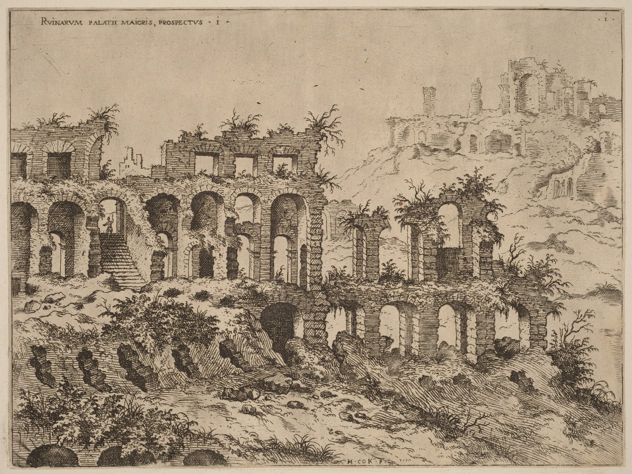 Uitzicht op het Colosseum met de Palatijn op de achtergrond door Hieronymus Cock