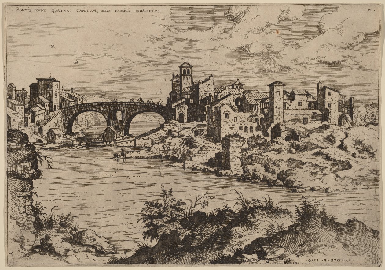 Uitzicht op de Ponte Quattro Capi en het eiland in de Tiber door Hieronymus Cock