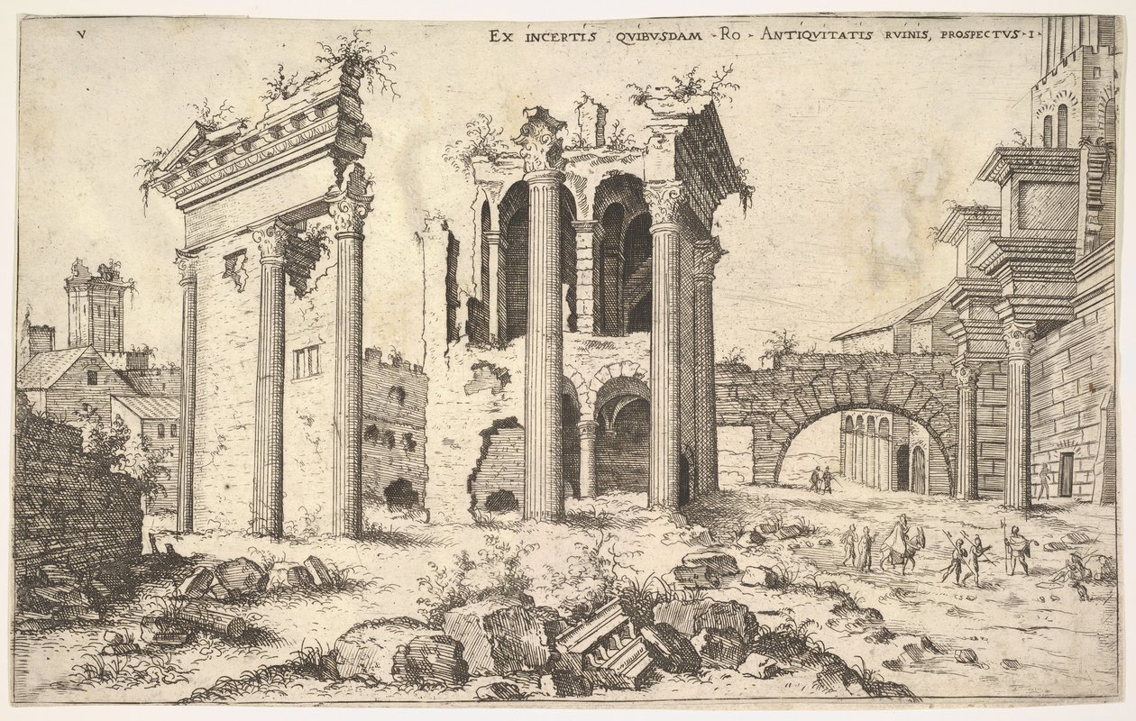 Uitzicht op niet-geïdentificeerde ruïnes met trabeate gevel links, arcades in het midden en boog rechts door Hieronymus Cock
