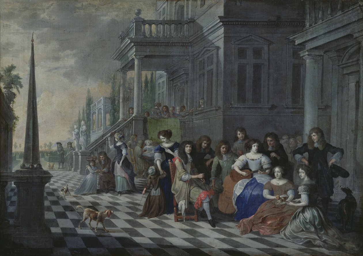 Personages die muziek maken voor een paleis, 1672 door Hieronymus Janssens