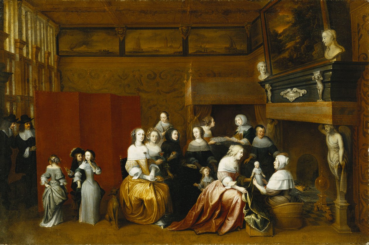 Dames vieren de geboorte van een kind, en heren kijken toe vanachter een scherm, in een interieur door Hieronymus Janssens