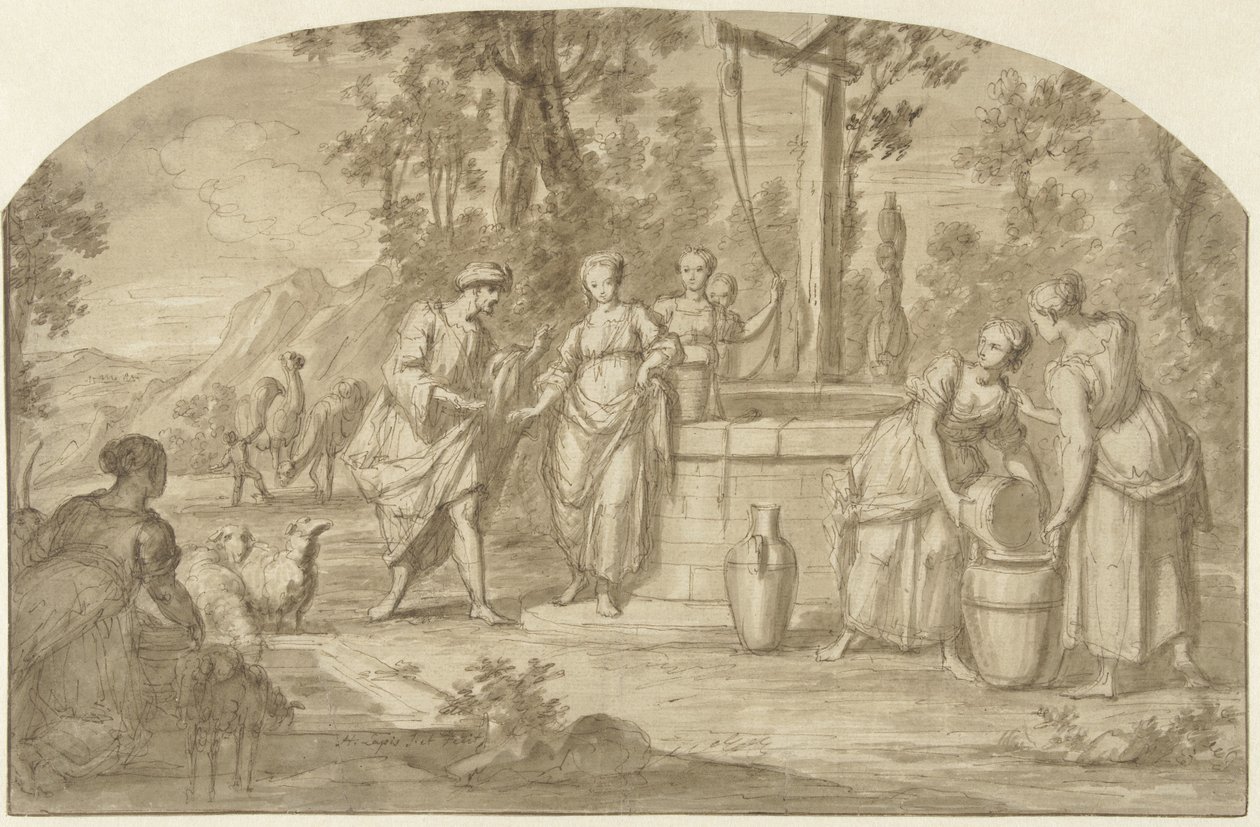 Eliëzer en Rebekka bij de bron door Hieronymus Lapis