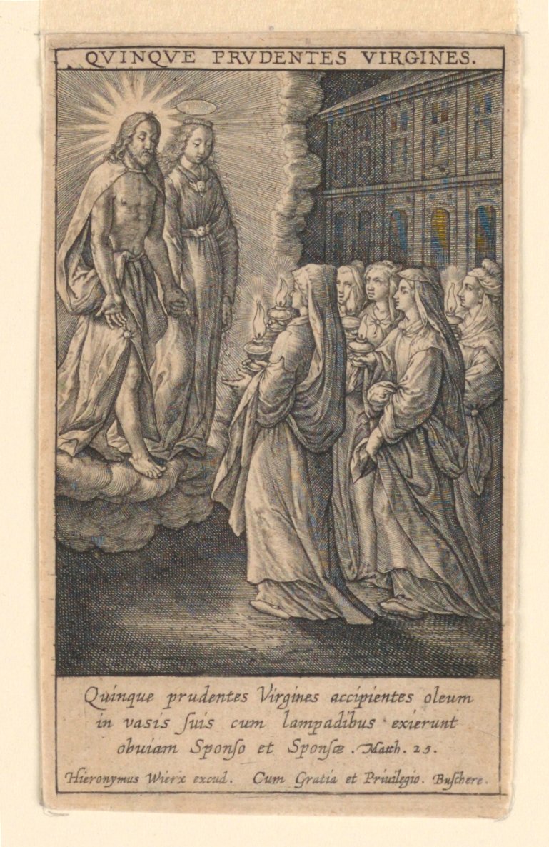 De vijf wijze maagden, uit de suite "Speculum Virginitatis" door Hieronymus Wierix