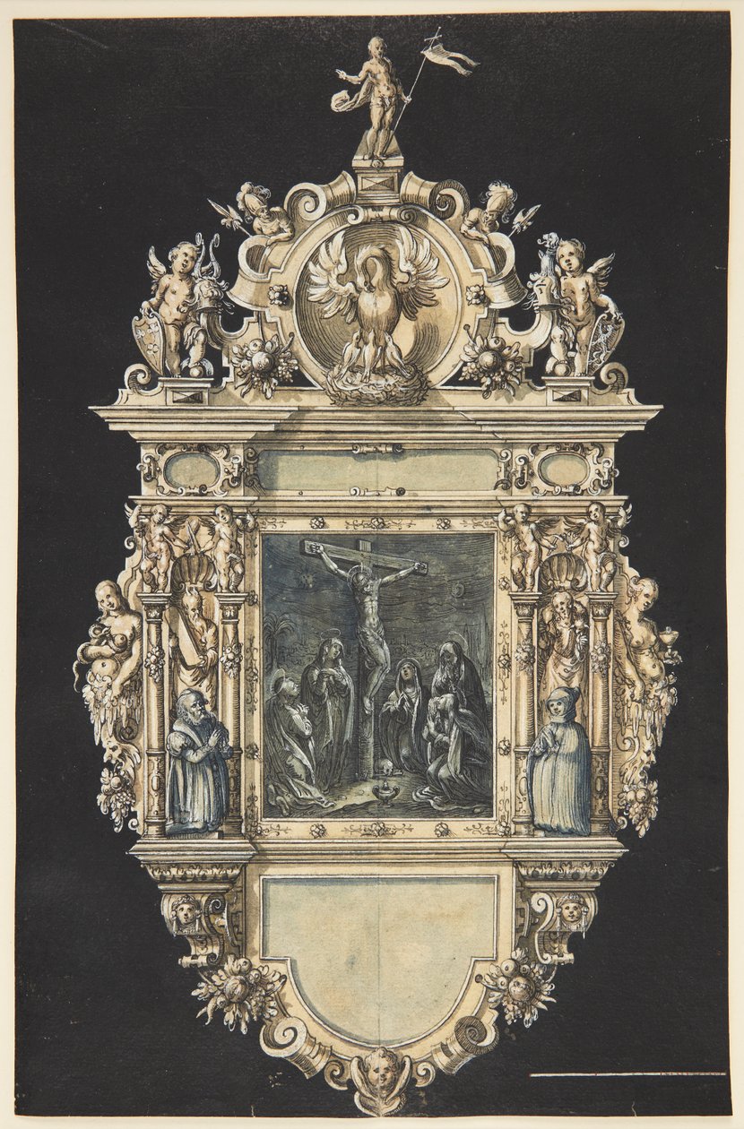 Ontwerp voor een epitaaf met de kruisiging van Christus. Een rijk versierde lijst met talrijke figuren door Hieronymus Wierix