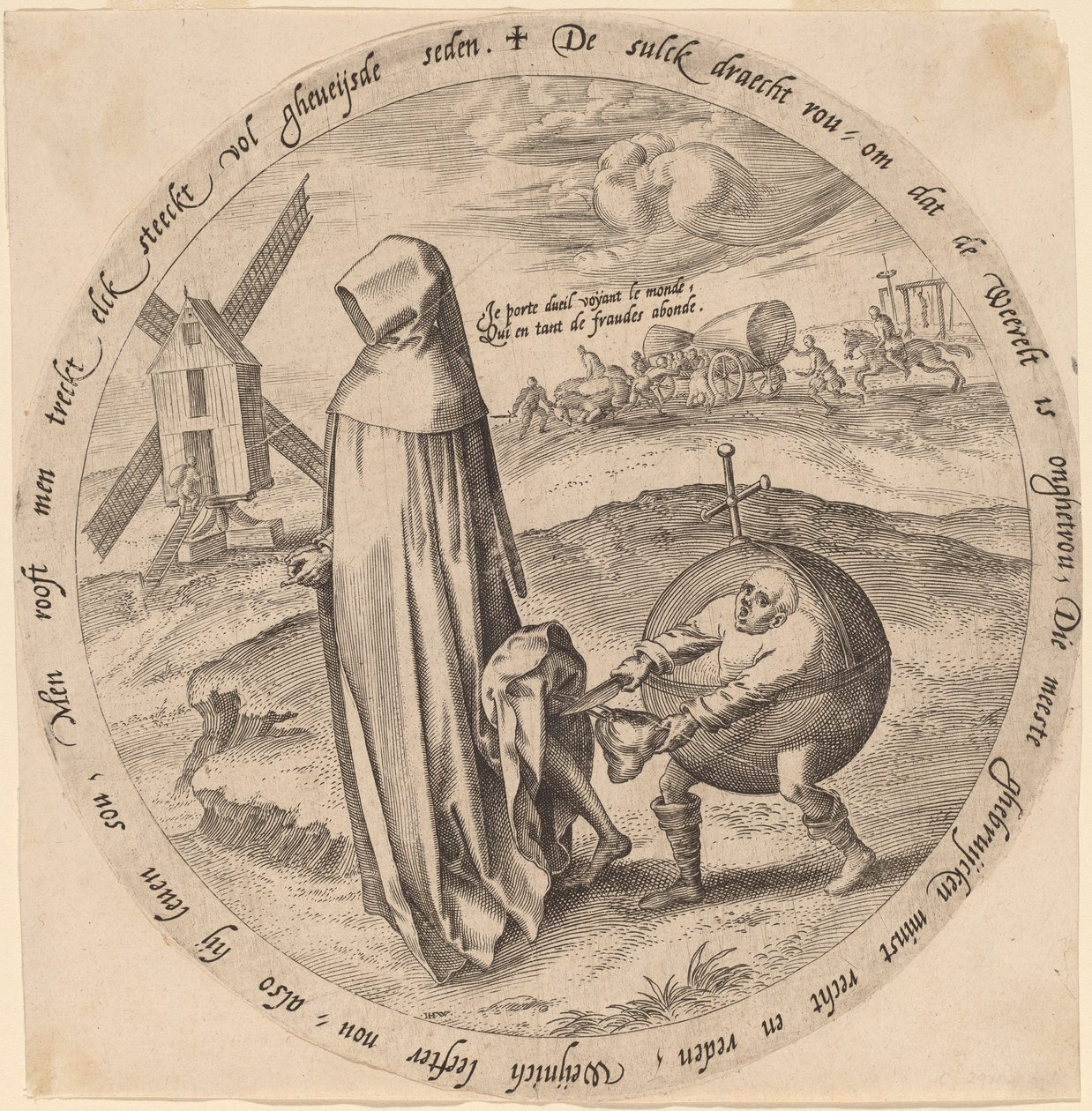 De Misanthrope Bestolen door de Wereld door Hieronymus Wierix after Pieter Bruegel the Elder