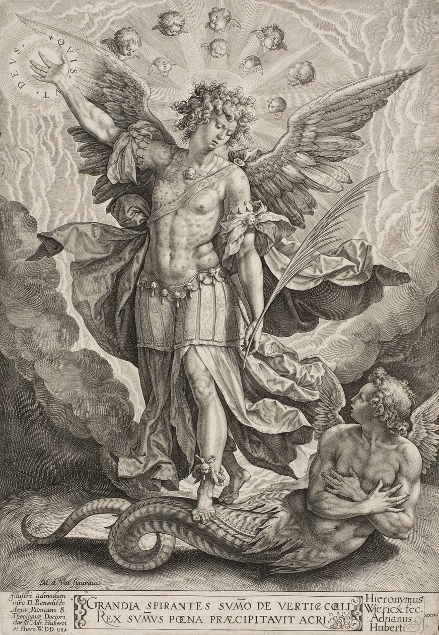 Sint Michaël die de draak overwint door Hieronymus or Jerome Wierix