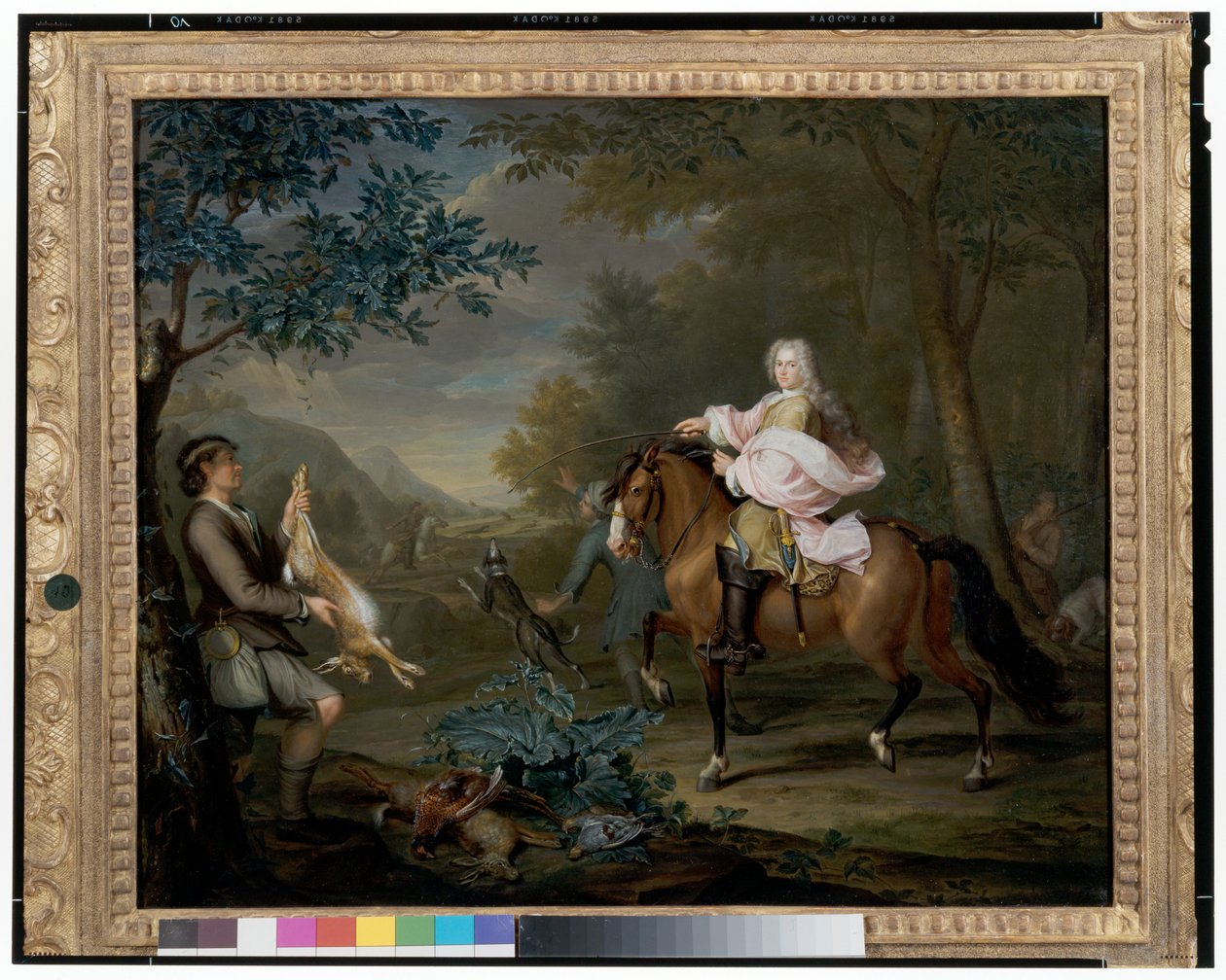 Een Heer te Paard met Jagers in een uitgestrekt Landschap door Hieronymus van der Mij