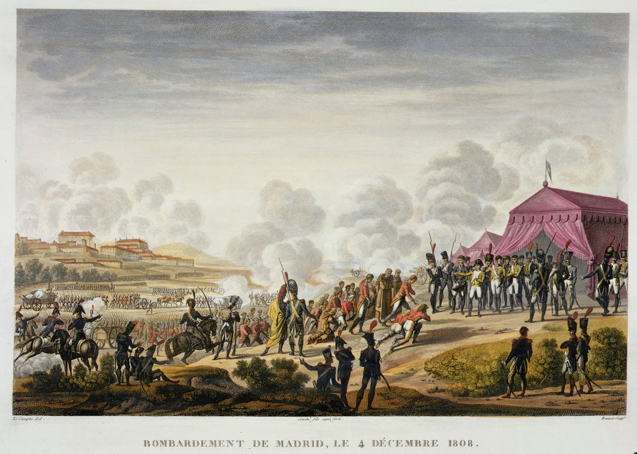 Het Bombardement van Madrid, 4 december 1808, gegraveerd door Edme Bovinet (1782-1832) door Hippolyte Lecomte