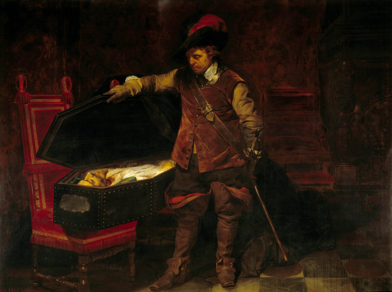 Cromwell voor de kist van Charles I Stuart (1649). Oliver Cromwell (1599-1658) dwong het proces van de koning van Engeland af, die werd veroordeeld en geëxecuteerd op 9 februari door Paul Delaroche