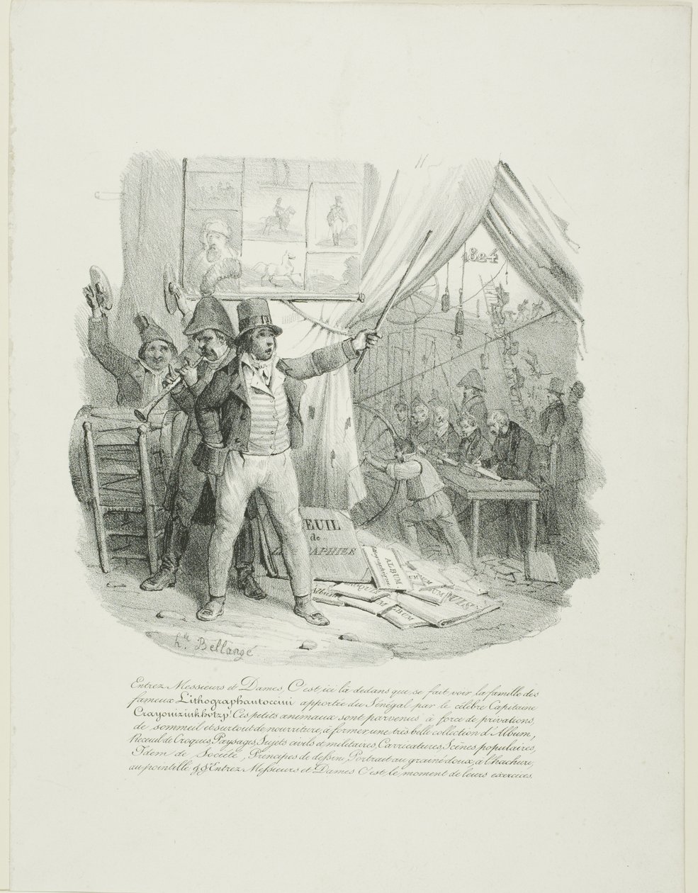 Kom binnen, dames en heren. Binnen ziet u de beroemde lithografie van de familieantoccini... Frontispice voor "Album van 1824". door Hippolyte Bellange
