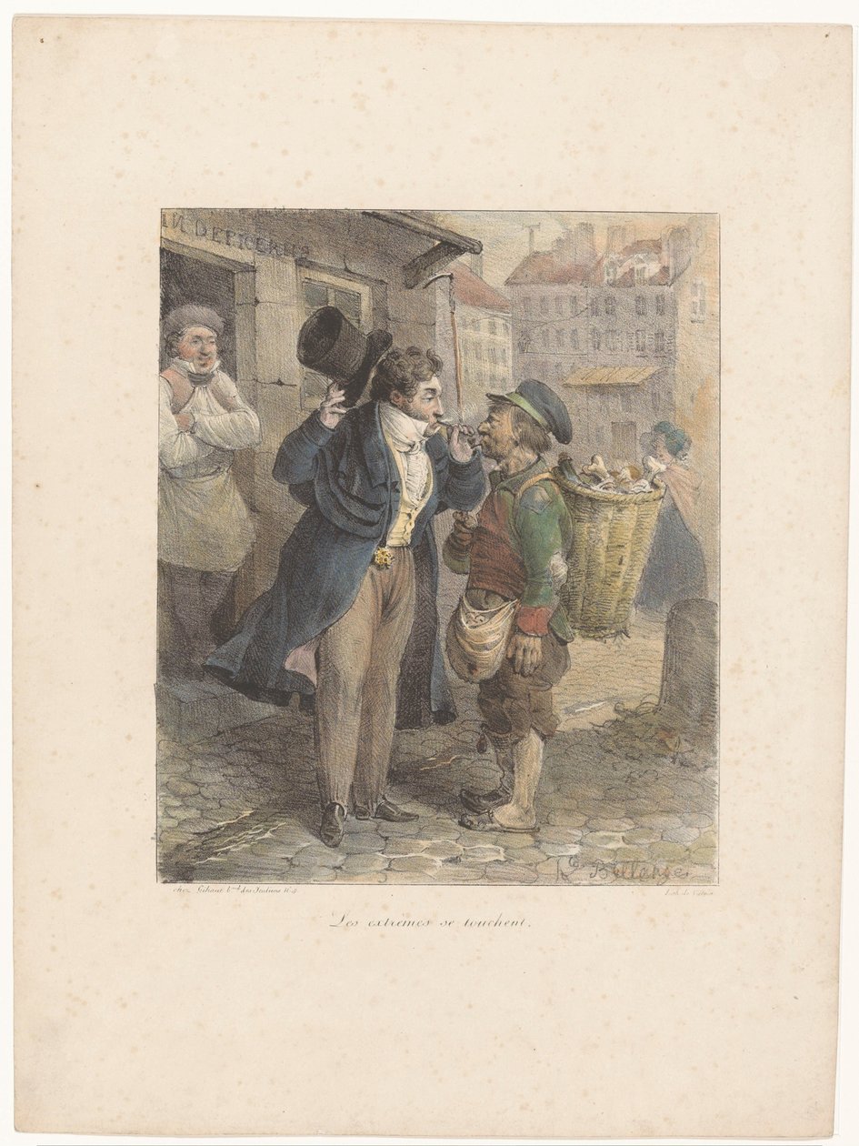 Deftig geklede heer ontsteekt zijn sigaar aan de pijp van een arbeider in lompen door Hippolyte Bellange