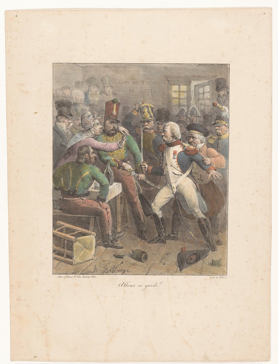 Twee soldaten kruisen de degens in een kroeg door Hippolyte Bellange