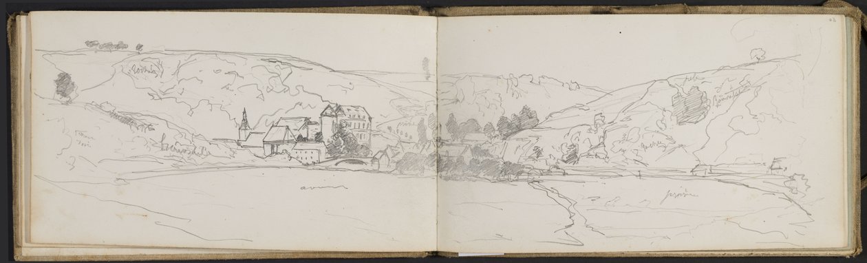 Dorpsgezicht met kleurannotaties (bladzijden uit een schetsboek) door Hippolyte Boulenger