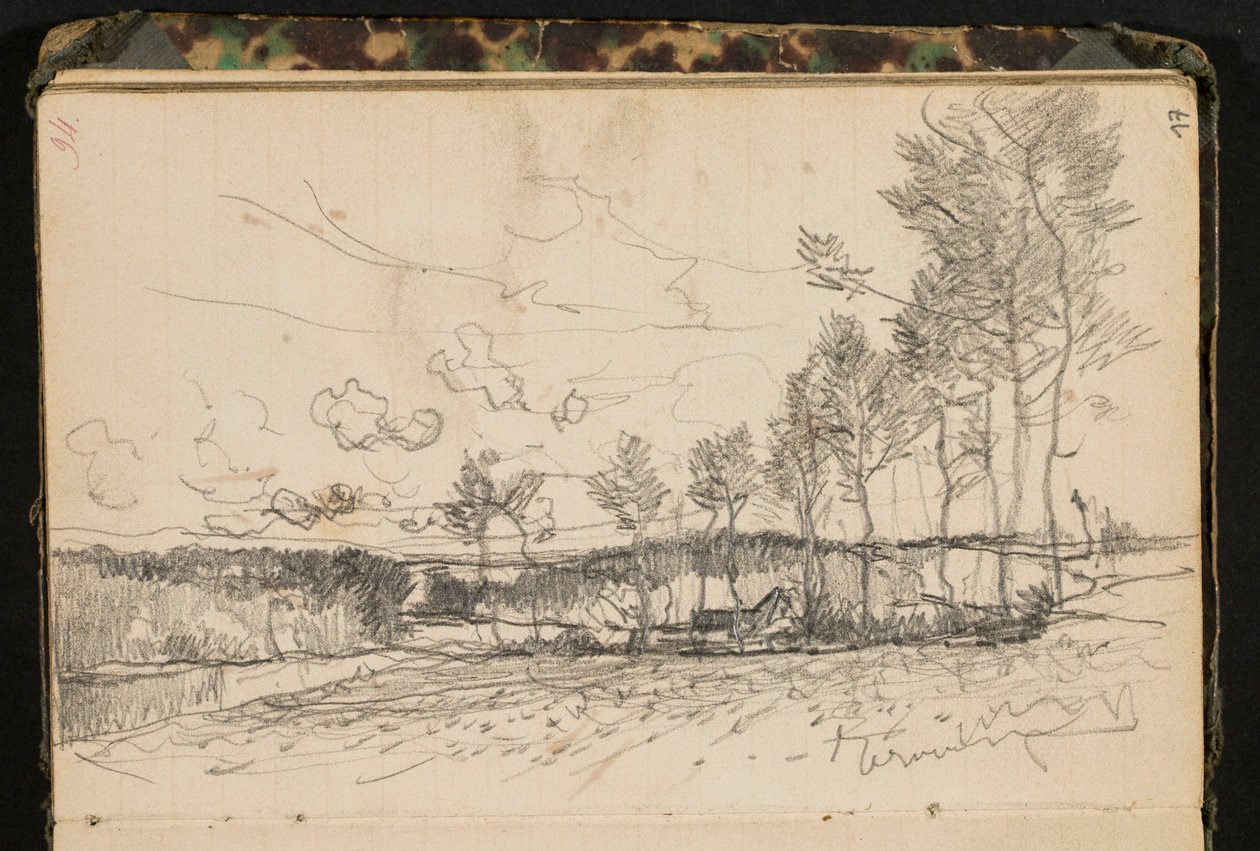 Landschap met bomen en een boerderij (bladzijde uit een schetsboek) door Hippolyte Boulenger