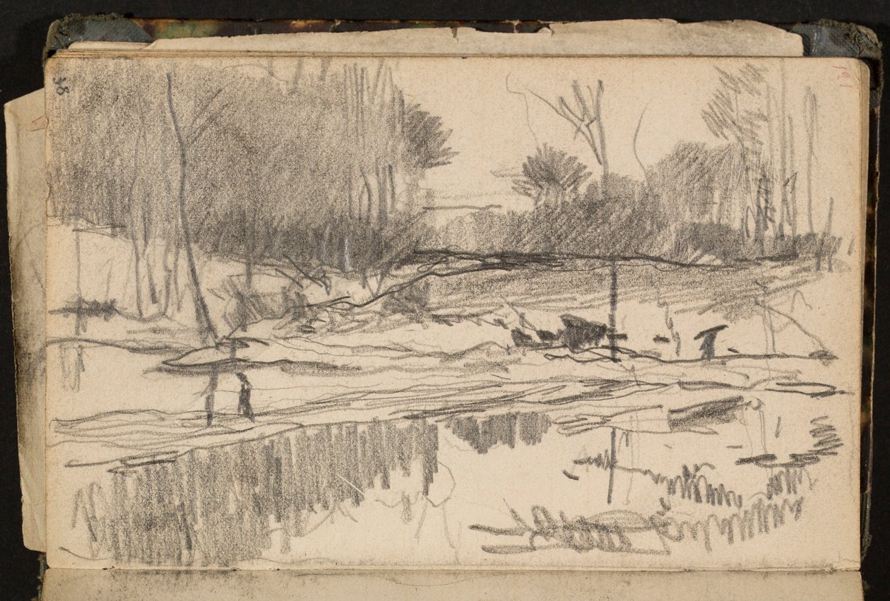 Landschap met vijver (bladzijde uit een schetsboek) door Hippolyte Boulenger