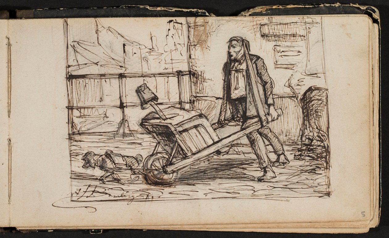 Man met kruiwagen en hondje (bladzijde uit een schetsboek) door Hippolyte Boulenger