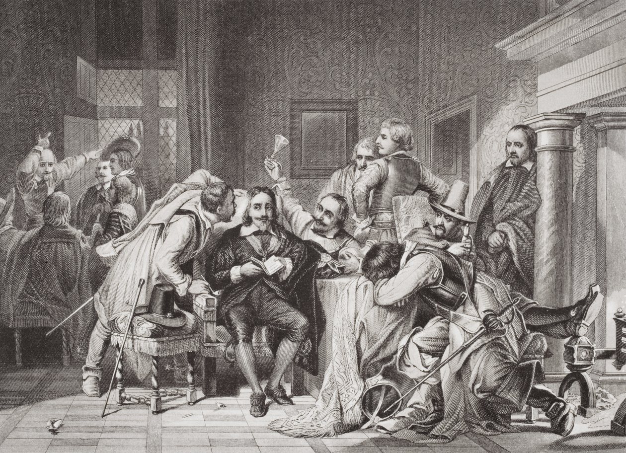 Karel I (1600-49) in de wachtkamer beledigd door de soldaten van Oliver Cromwell, uit 