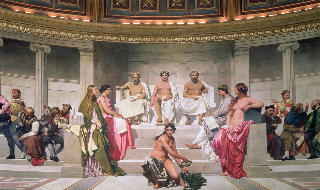 Hemicycle: Kunstenaars van alle leeftijden, detail van Ictinus, Apelles en Phidias door Hippolyte Delaroche